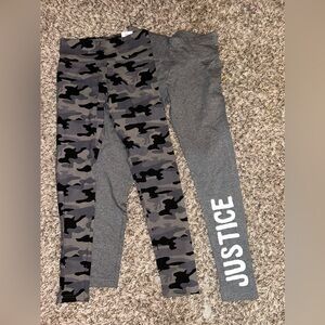 Set of Justice leggings. Size 12. Grey camo and grey with Justice logo. NWT.